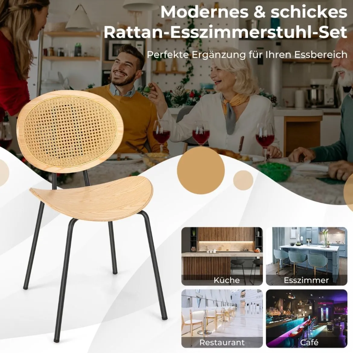 Rattan Esszimmerstuhl-Set 2er Set Boho Armlose Esszimmerstühle mit Metallbeinen atmungsaktiver Flechtcane-Rückenlehne