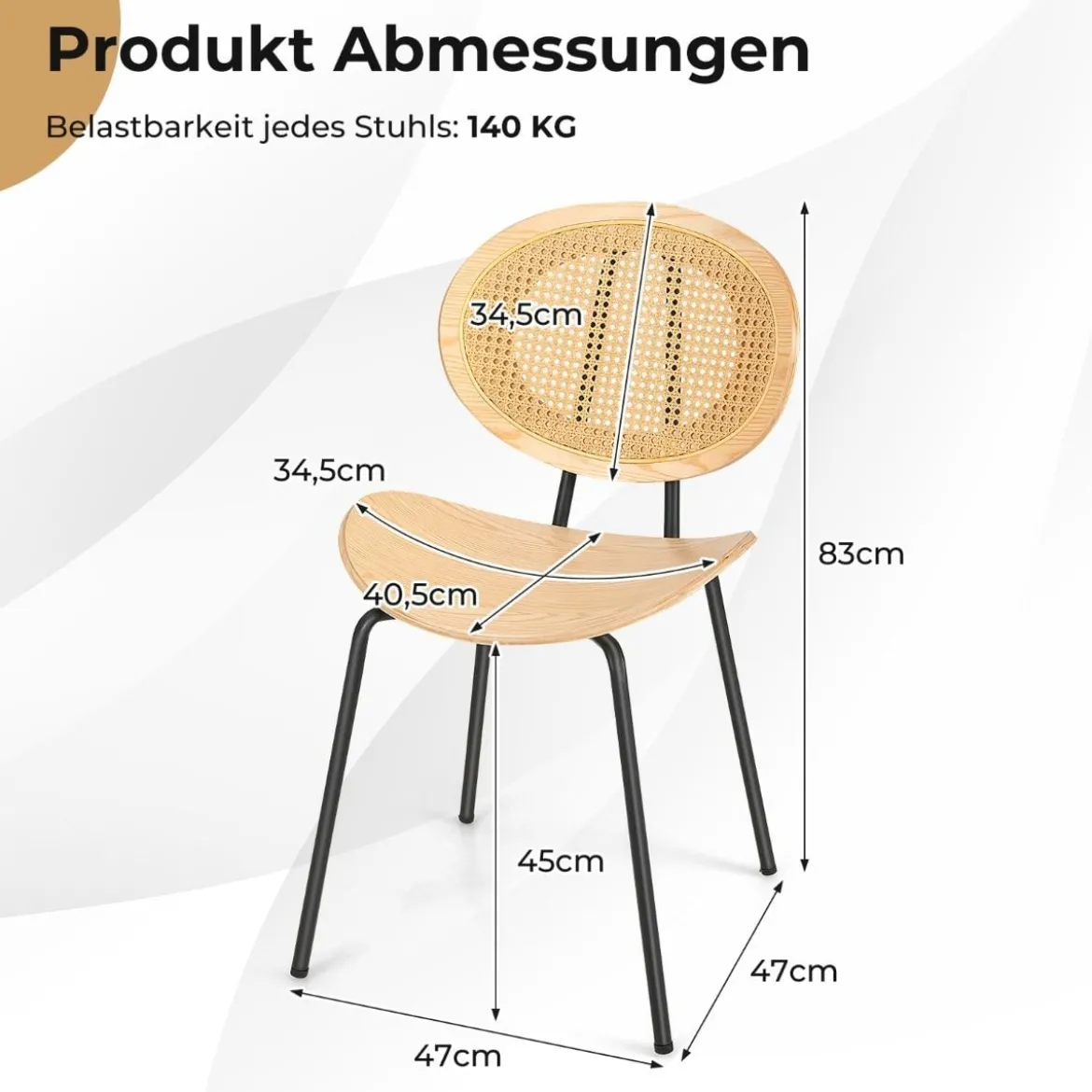 Rattan Esszimmerstuhl-Set 2er Set Boho Armlose Esszimmerstühle mit Metallbeinen atmungsaktiver Flechtcane-Rückenlehne