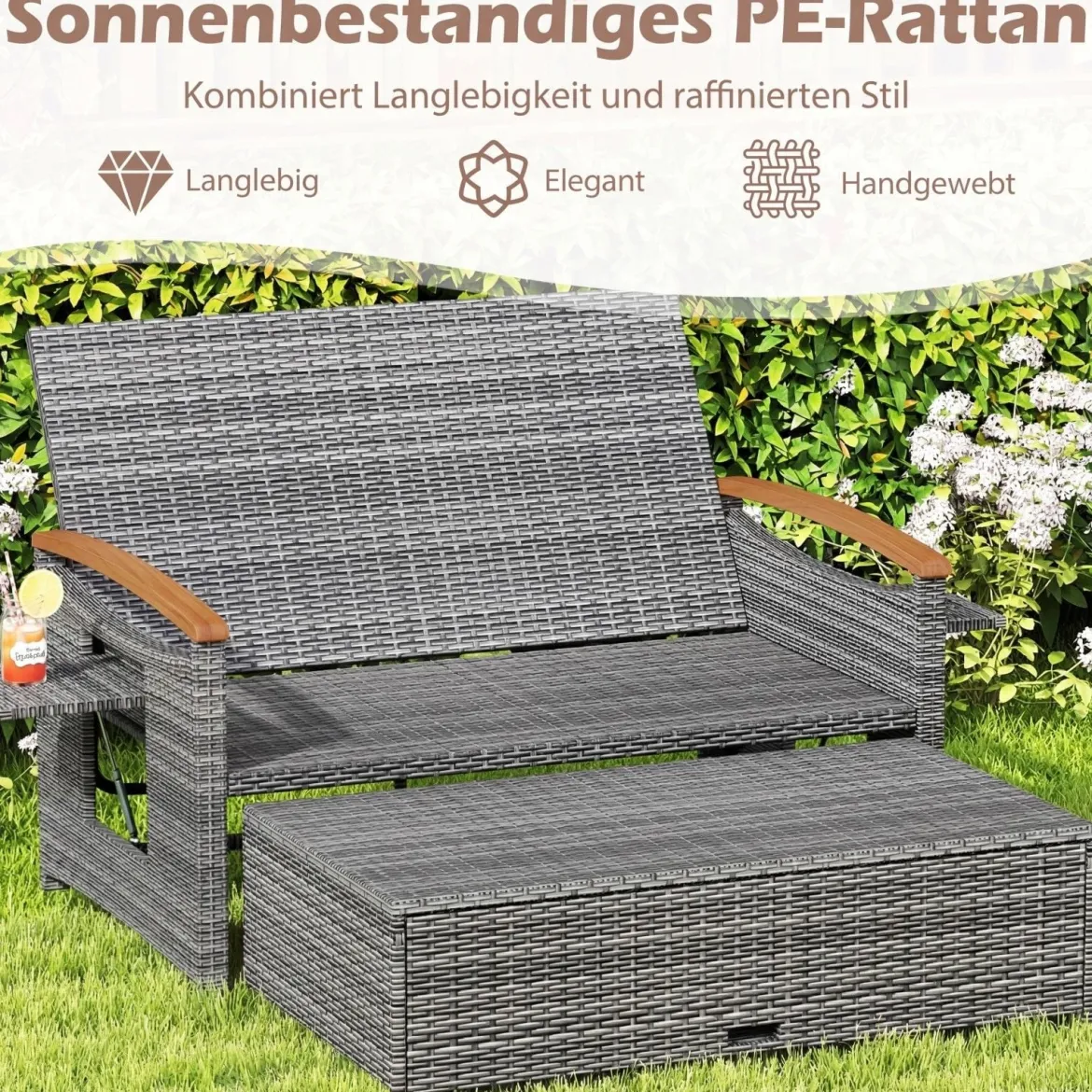 Rattan Gartenbank für Außenbereich 2-Sitzer Balkonmöbel und Ottomane mit Stauraum