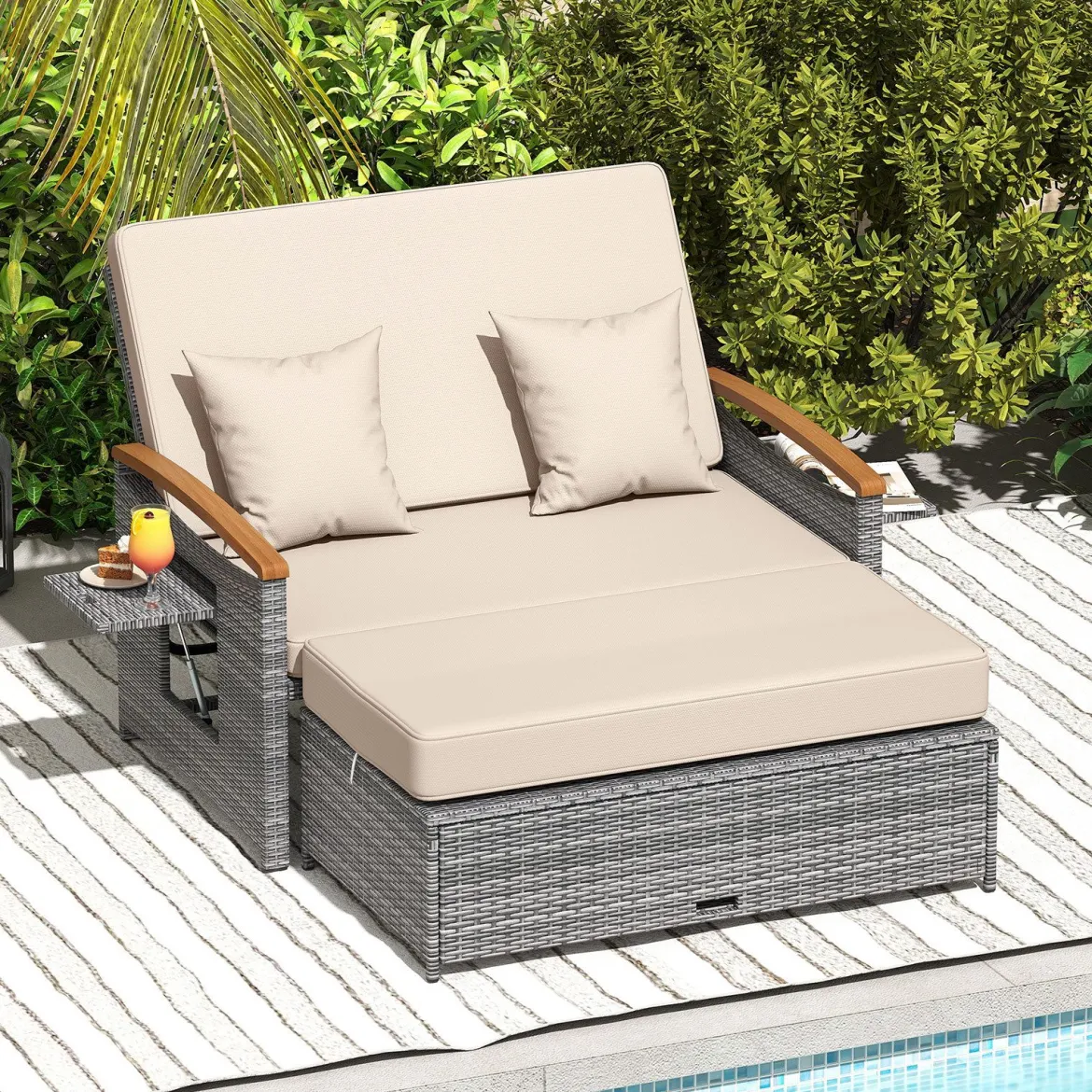 Rattan Gartenbank für Außenbereich 2-Sitzer Balkonmöbel und Ottomane mit Stauraum