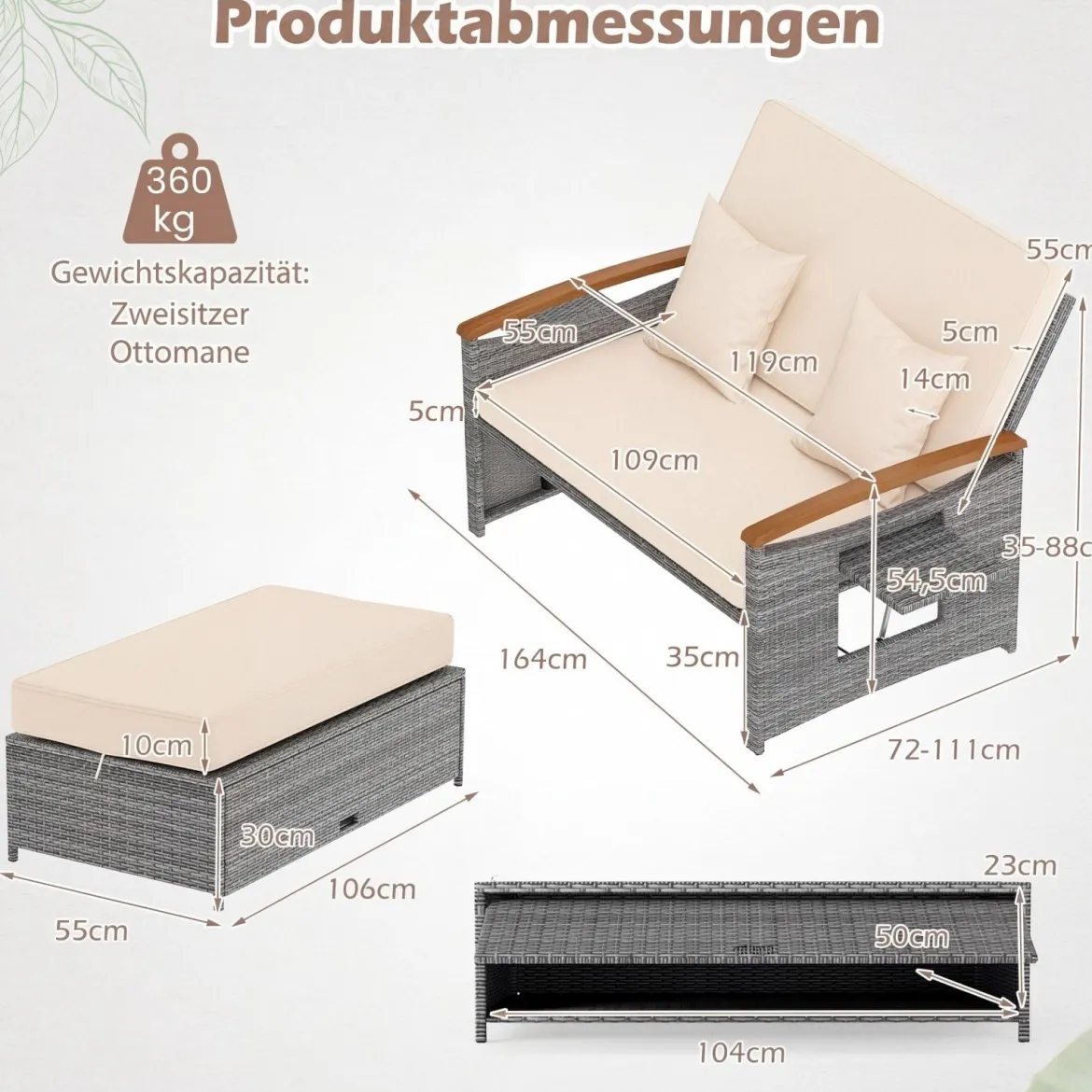 Rattan Gartenbank für Außenbereich 2-Sitzer Balkonmöbel und Ottomane mit Stauraum