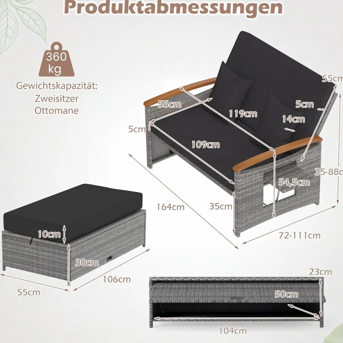 Rattan Gartenbank für Außenbereich 2-Sitzer Balkonmöbel und Ottomane mit Stauraum