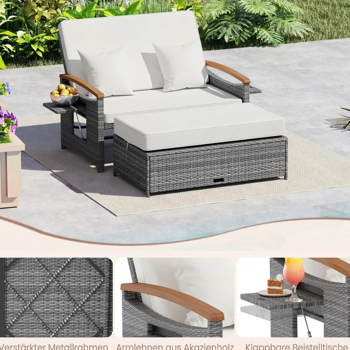 Rattan Gartenbank für Außenbereich 2-Sitzer Balkonmöbel und Ottomane mit Stauraum