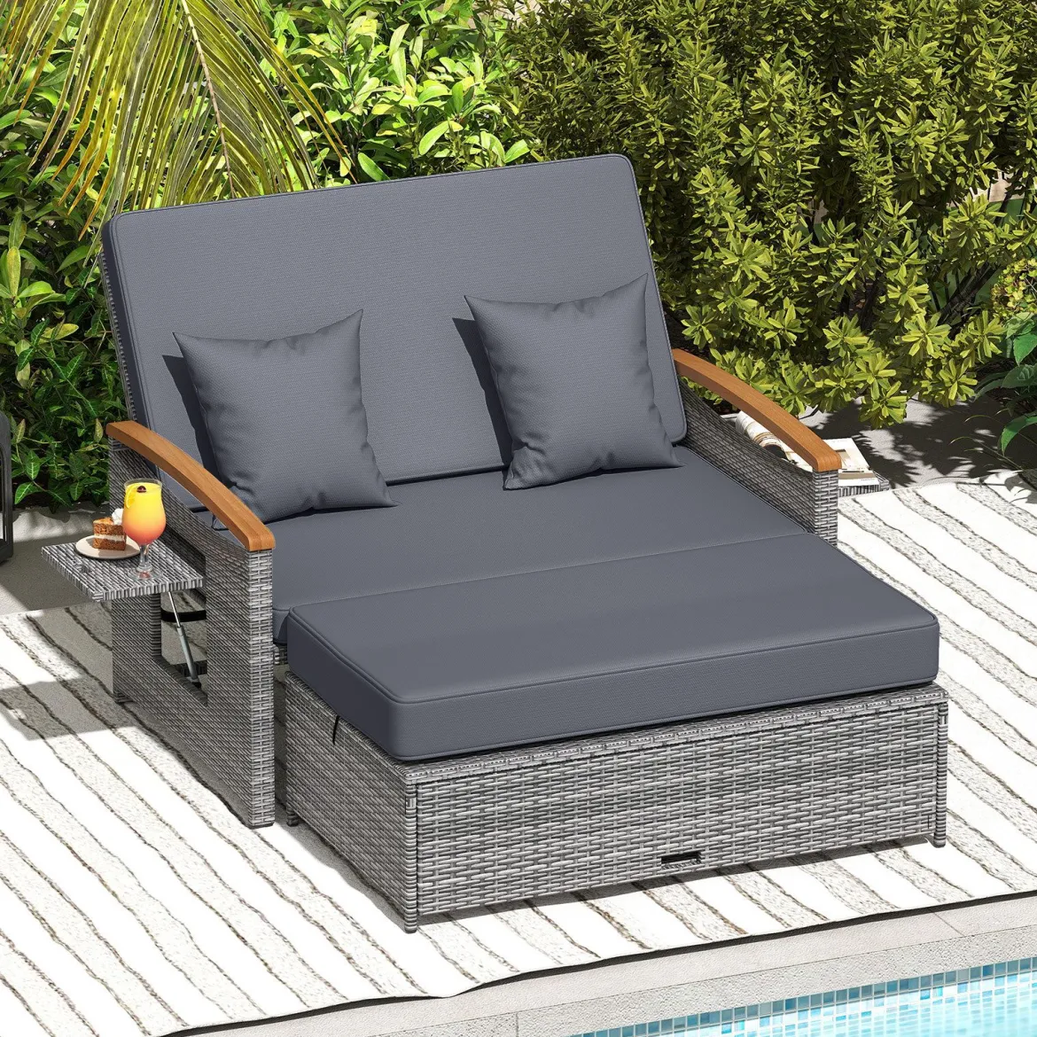 Rattan Gartenbank für Außenbereich 2-Sitzer Balkonmöbel und Ottomane mit Stauraum