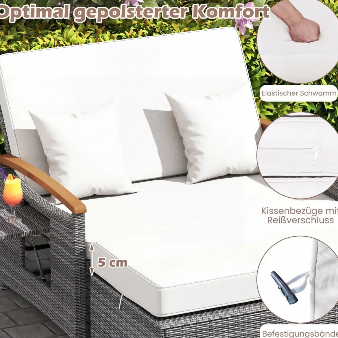 Rattan Gartenbank für Außenbereich 2-Sitzer Balkonmöbel und Ottomane mit Stauraum