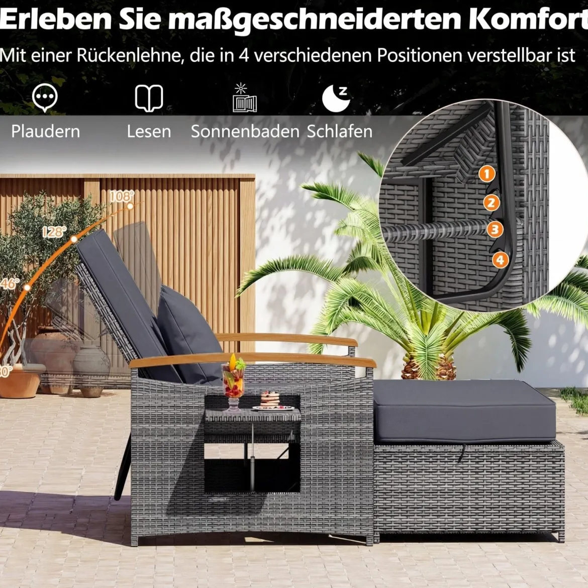 Rattan Gartenbank für Außenbereich 2-Sitzer Balkonmöbel und Ottomane mit Stauraum