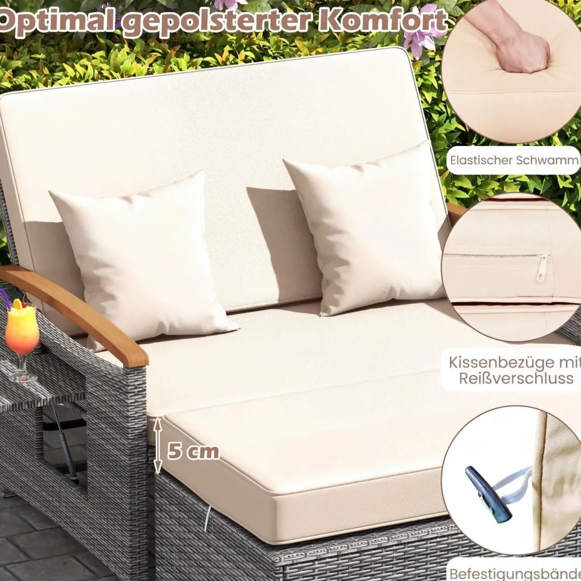 Rattan Gartenbank für Außenbereich 2-Sitzer Balkonmöbel und Ottomane mit Stauraum