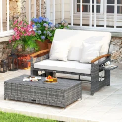 Rattan Gartenbank für Außenbereich 2-Sitzer Balkonmöbel und Ottomane mit Stauraum