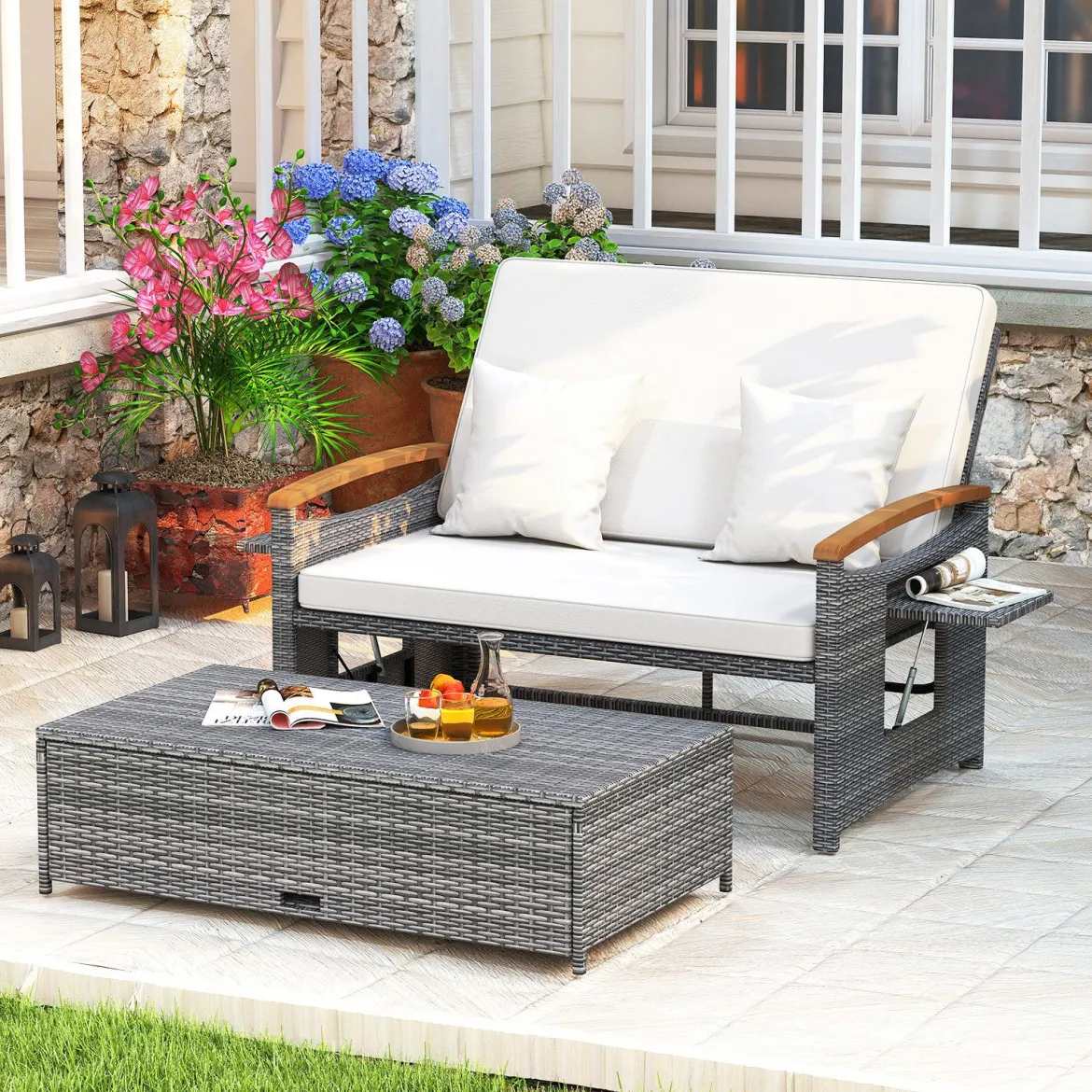 Rattan Gartenbank für Außenbereich 2-Sitzer Balkonmöbel und Ottomane mit Stauraum