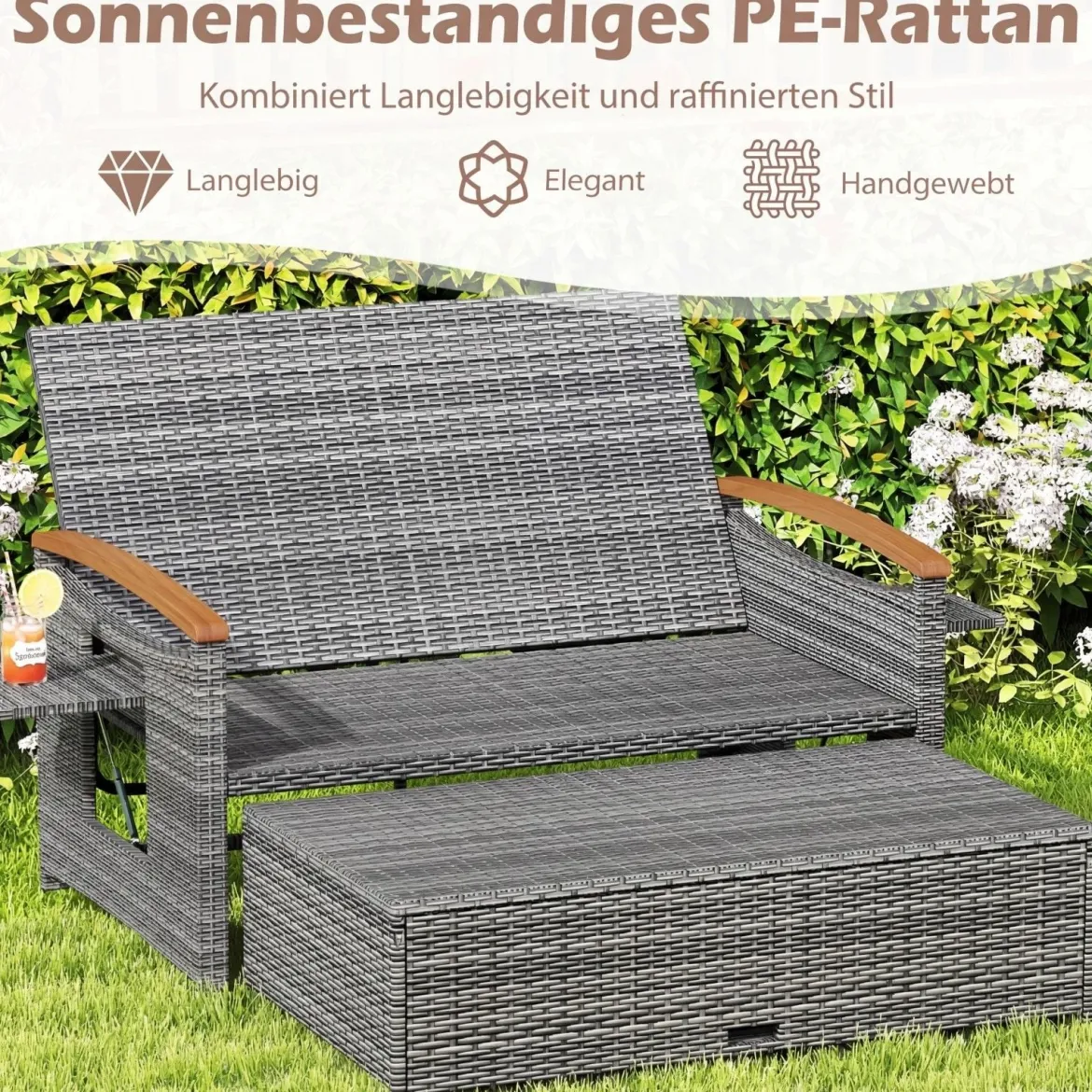 Rattan Gartenbank für Außenbereich 2-Sitzer Balkonmöbel und Ottomane mit Stauraum