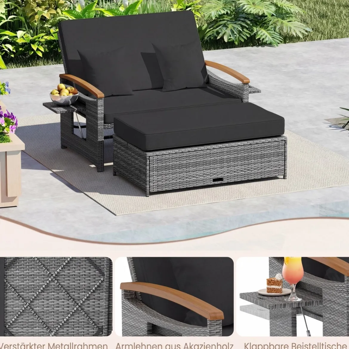 Rattan Gartenbank für Außenbereich 2-Sitzer Balkonmöbel und Ottomane mit Stauraum