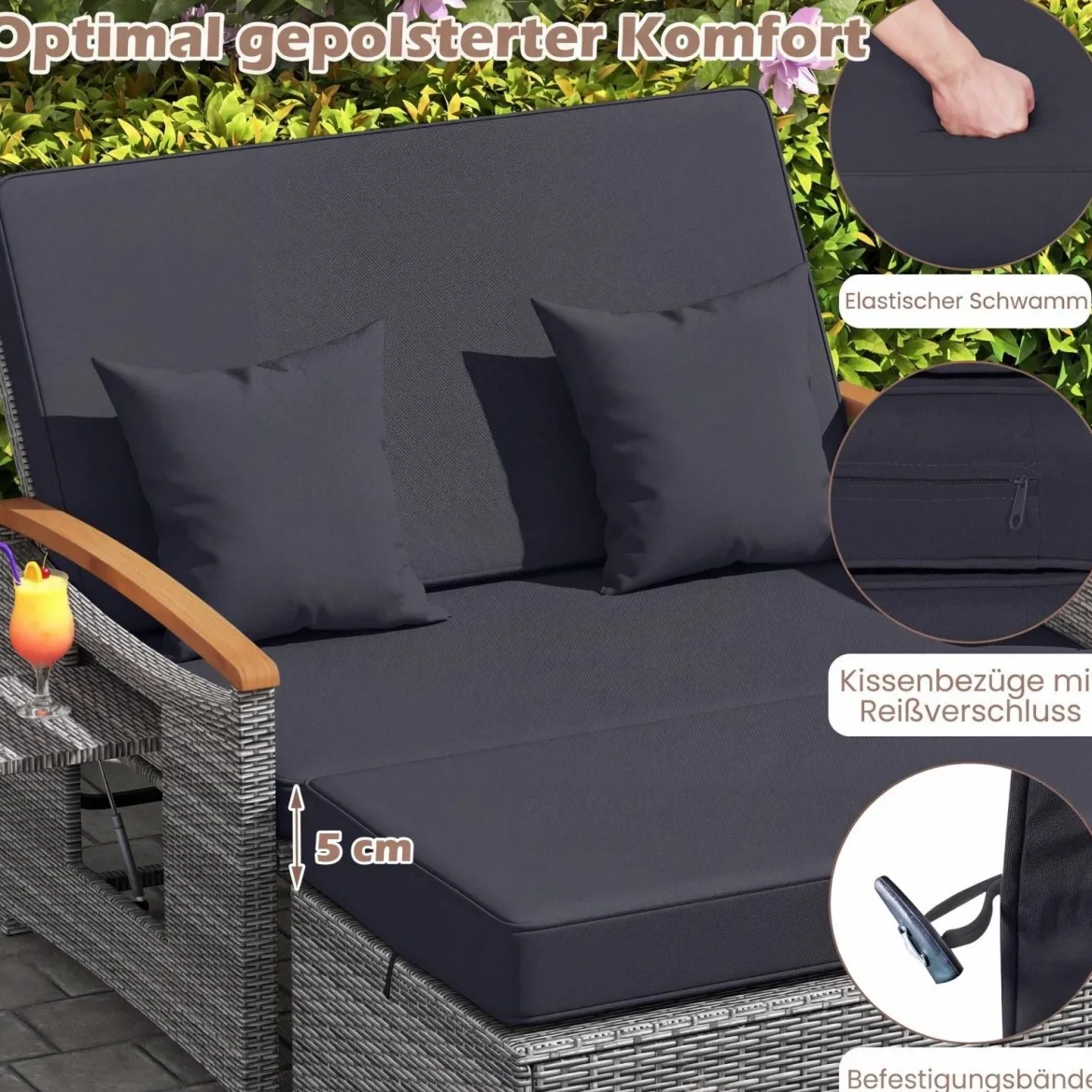 Rattan Gartenbank für Außenbereich 2-Sitzer Balkonmöbel und Ottomane mit Stauraum