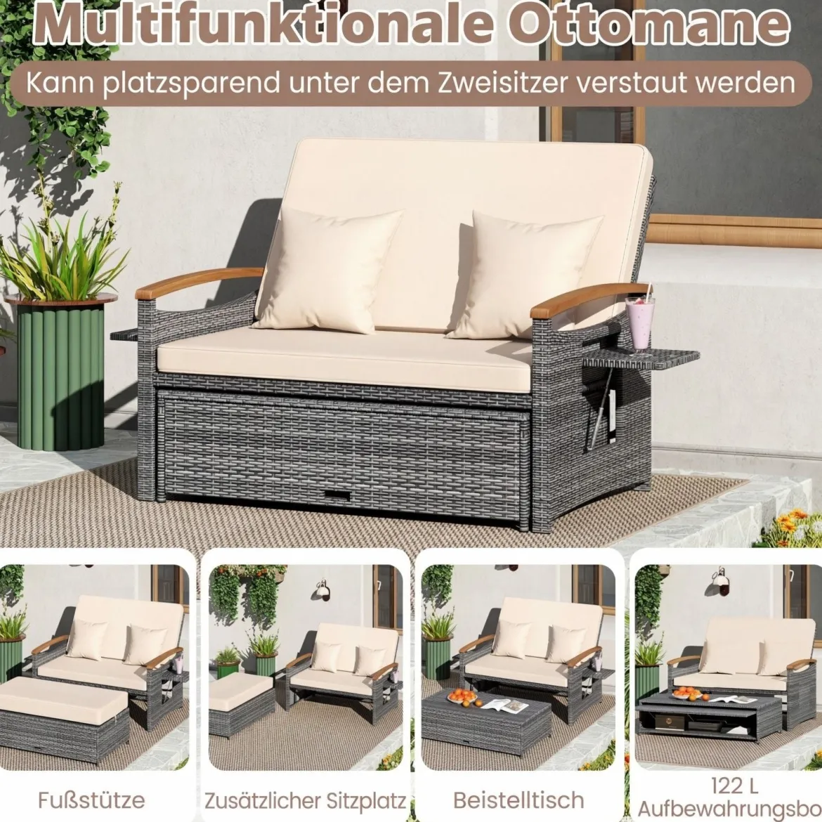 Rattan Gartenbank für Außenbereich 2-Sitzer Balkonmöbel und Ottomane mit Stauraum