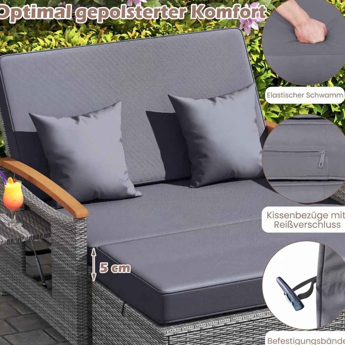 Rattan Gartenbank für Außenbereich 2-Sitzer Balkonmöbel und Ottomane mit Stauraum
