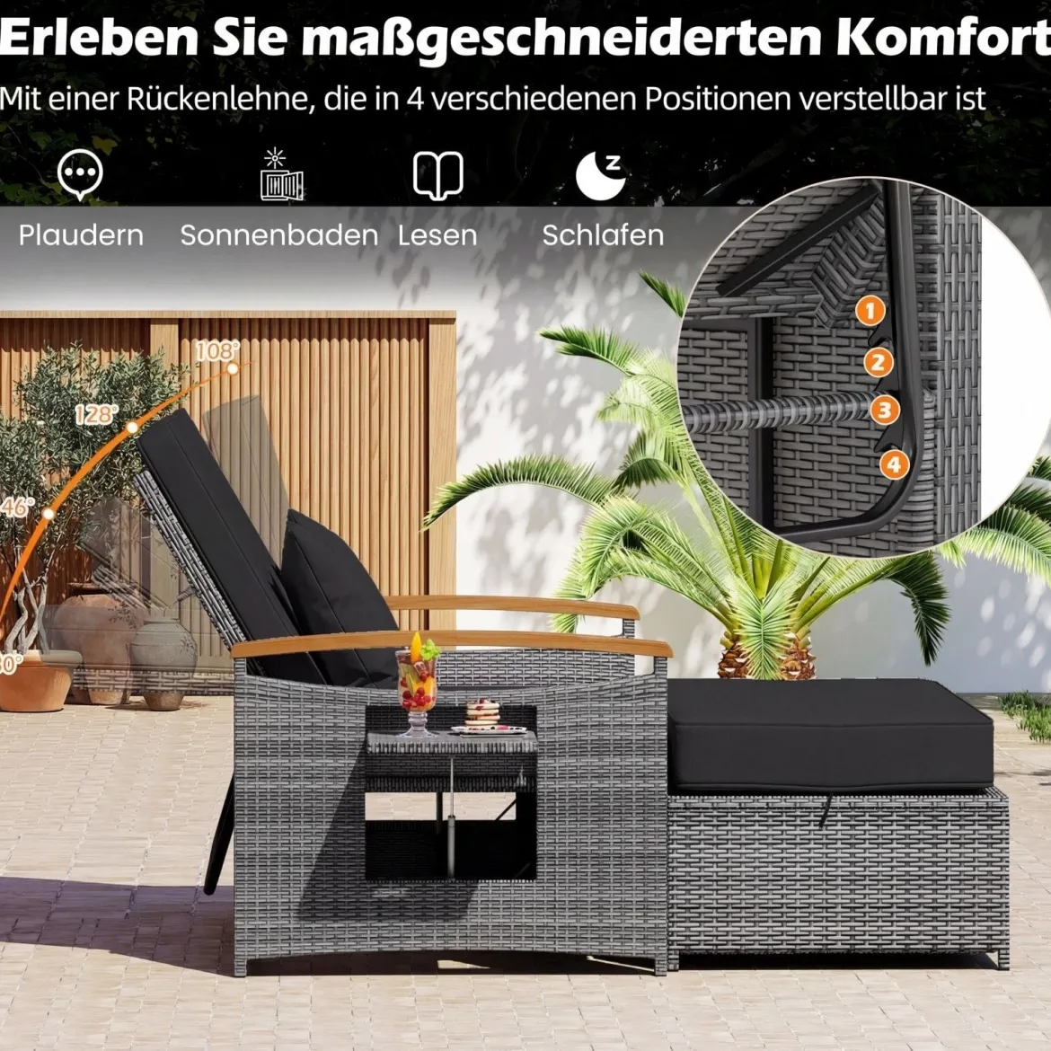 Rattan Gartenbank für Außenbereich 2-Sitzer Balkonmöbel und Ottomane mit Stauraum