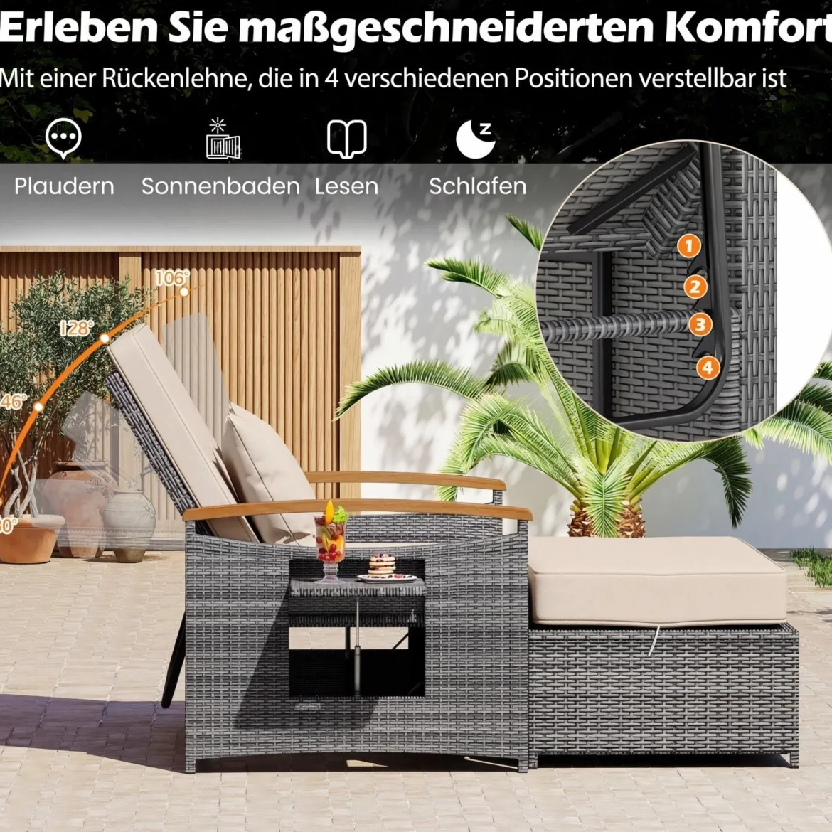 Rattan Gartenbank für Außenbereich 2-Sitzer Balkonmöbel und Ottomane mit Stauraum