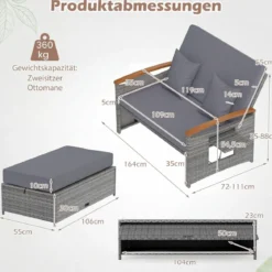 Rattan Gartenbank für Außenbereich 2-Sitzer Balkonmöbel und Ottomane mit Stauraum