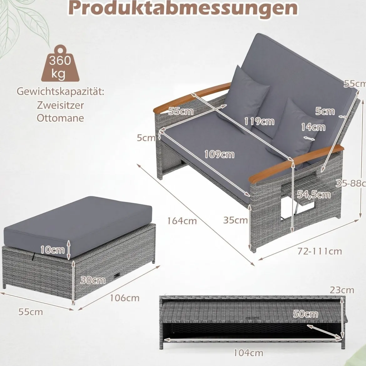 Rattan Gartenbank für Außenbereich 2-Sitzer Balkonmöbel und Ottomane mit Stauraum