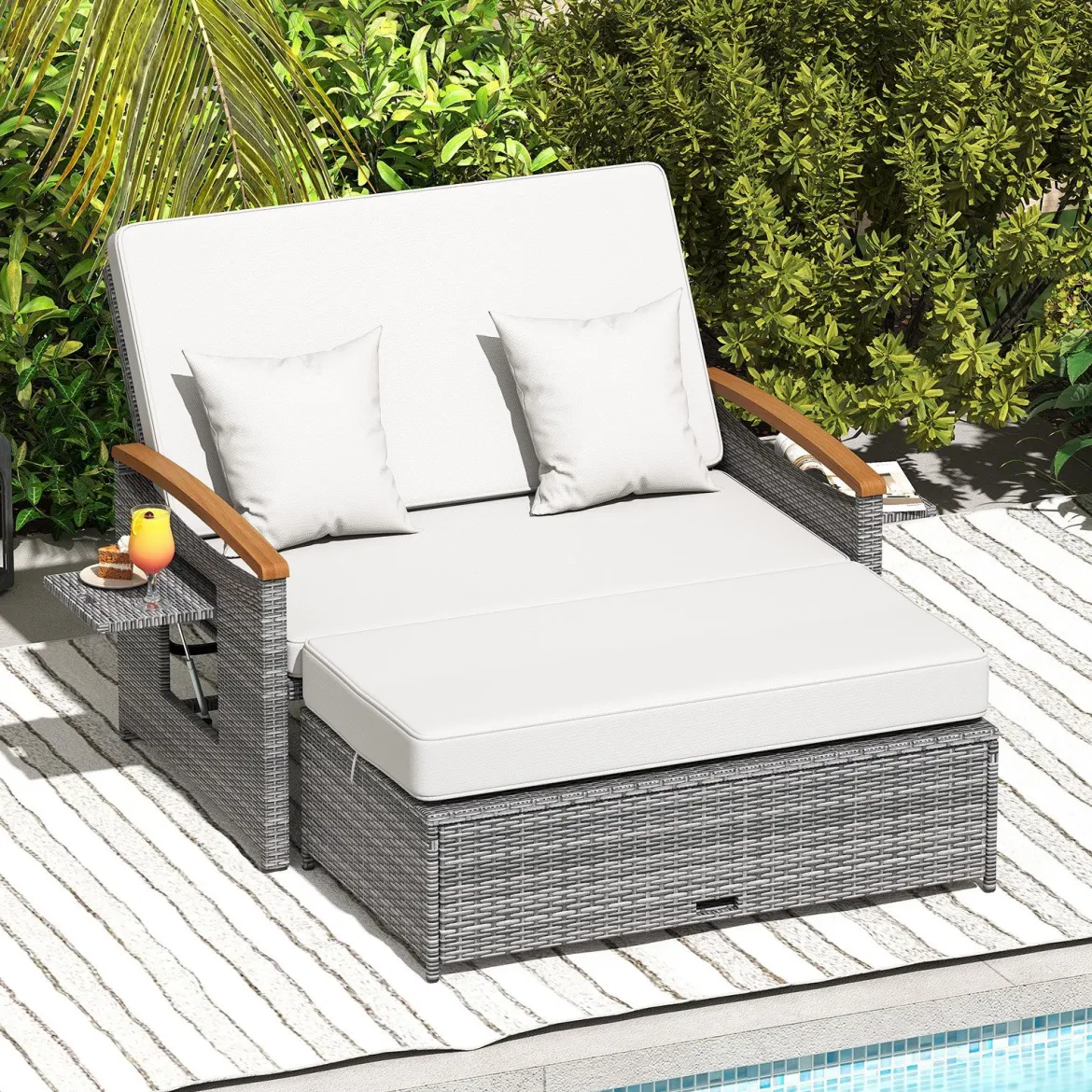 Rattan Gartenbank für Außenbereich 2-Sitzer Balkonmöbel und Ottomane mit Stauraum