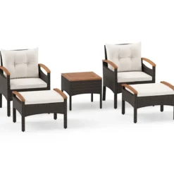 Rattan Gartenmöbel Set inkl. 2 Stühle mit Hocker & Tisch & Kissen Akazienholz Balkonset Creme