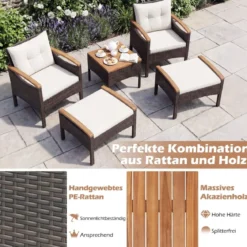 Rattan Gartenmöbel Set inkl. 2 Stühle mit Hocker & Tisch & Kissen Akazienholz Balkonset Creme