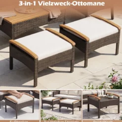 Rattan Gartenmöbel Set inkl. 2 Stühle mit Hocker & Tisch & Kissen Akazienholz Balkonset Creme