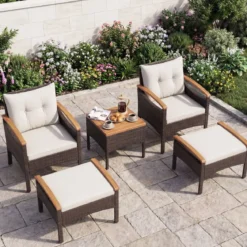 Rattan Gartenmöbel Set inkl. 2 Stühle mit Hocker & Tisch & Kissen Akazienholz Balkonset Creme