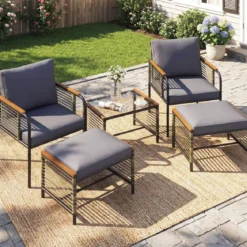 Rattan Gartenmöbel Set inkl. 2 Stühle mit Kissen & Hocker & Tisch Gartengarnitur Sitzgruppe Grau