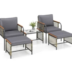 Rattan Gartenmöbel Set inkl. 2 Stühle mit Kissen & Hocker & Tisch Gartengarnitur Sitzgruppe Grau
