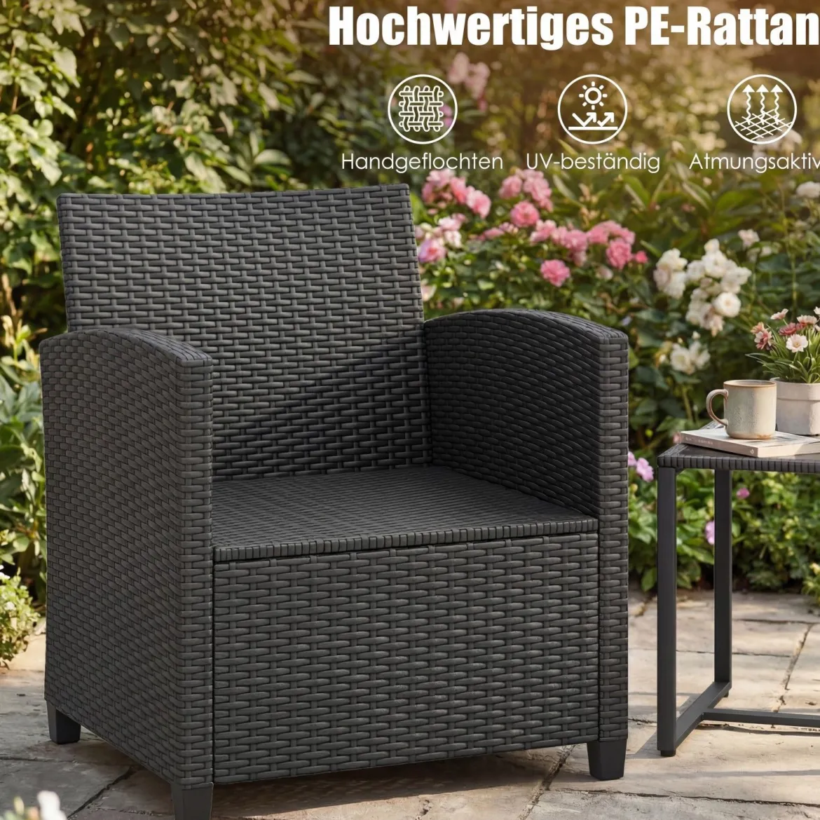 Rattan Gartenmöbel Set inkl. 2 Stühle mit Kissen & Tisch aus Glas Outdoor Sitzgruppe Schwarz-Beige