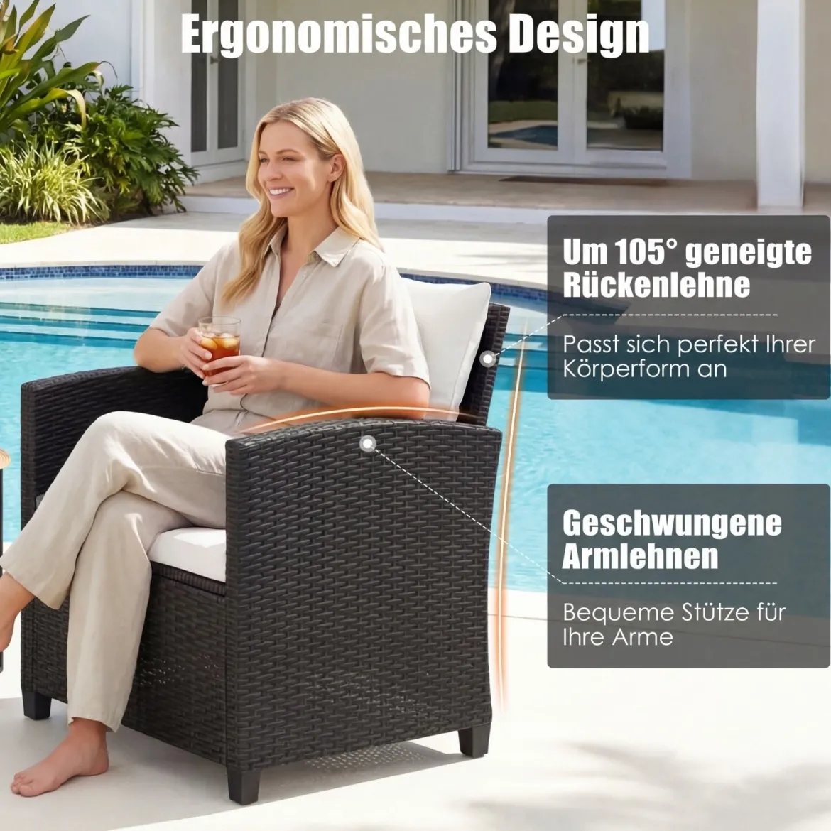 Rattan Gartenmöbel Set inkl. 2 Stühle mit Kissen & Tisch aus Glas Outdoor Sitzgruppe Schwarz-Beige