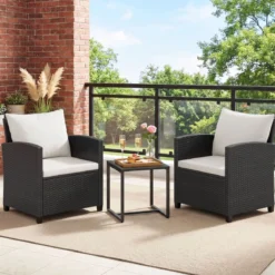 Rattan Gartenmöbel Set inkl. 2 Stühle mit Kissen & Tisch aus Glas Outdoor Sitzgruppe Schwarz-Beige