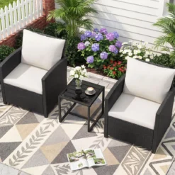 Rattan Gartenmöbel Set inkl. 2 Stühle mit Kissen & Tisch aus Glas Outdoor Sitzgruppe Schwarz-Beige
