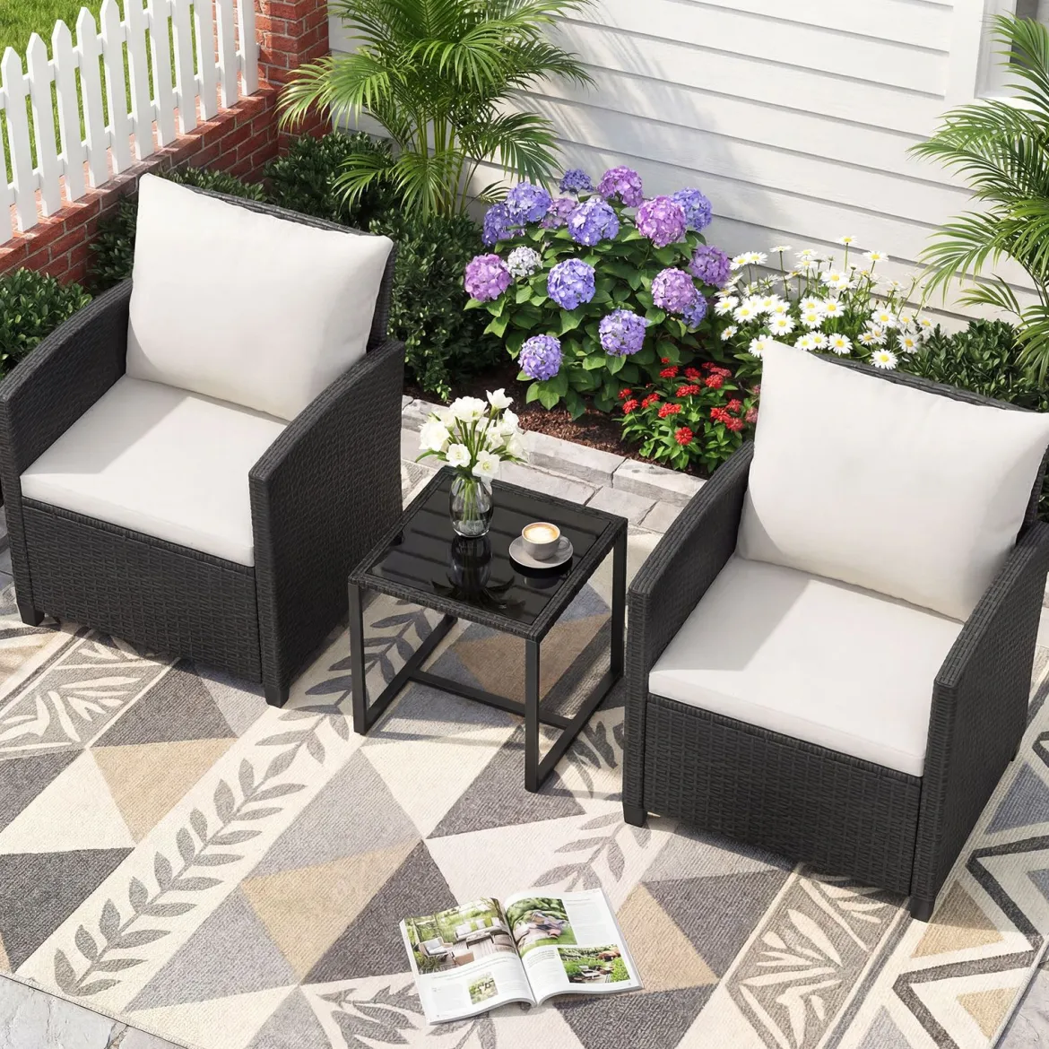 Rattan Gartenmöbel Set inkl. 2 Stühle mit Kissen & Tisch aus Glas Outdoor Sitzgruppe Schwarz-Beige