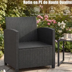 Rattan Gartenmöbel Set inkl. 2 Stühle mit Kissen & Tisch aus Glas Outdoor Sitzgruppe Schwarz-Beige