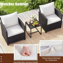 Rattan Gartenmöbel Set inkl. 2 Stühle mit Kissen & Tisch aus Glas Outdoor Sitzgruppe Schwarz-Beige