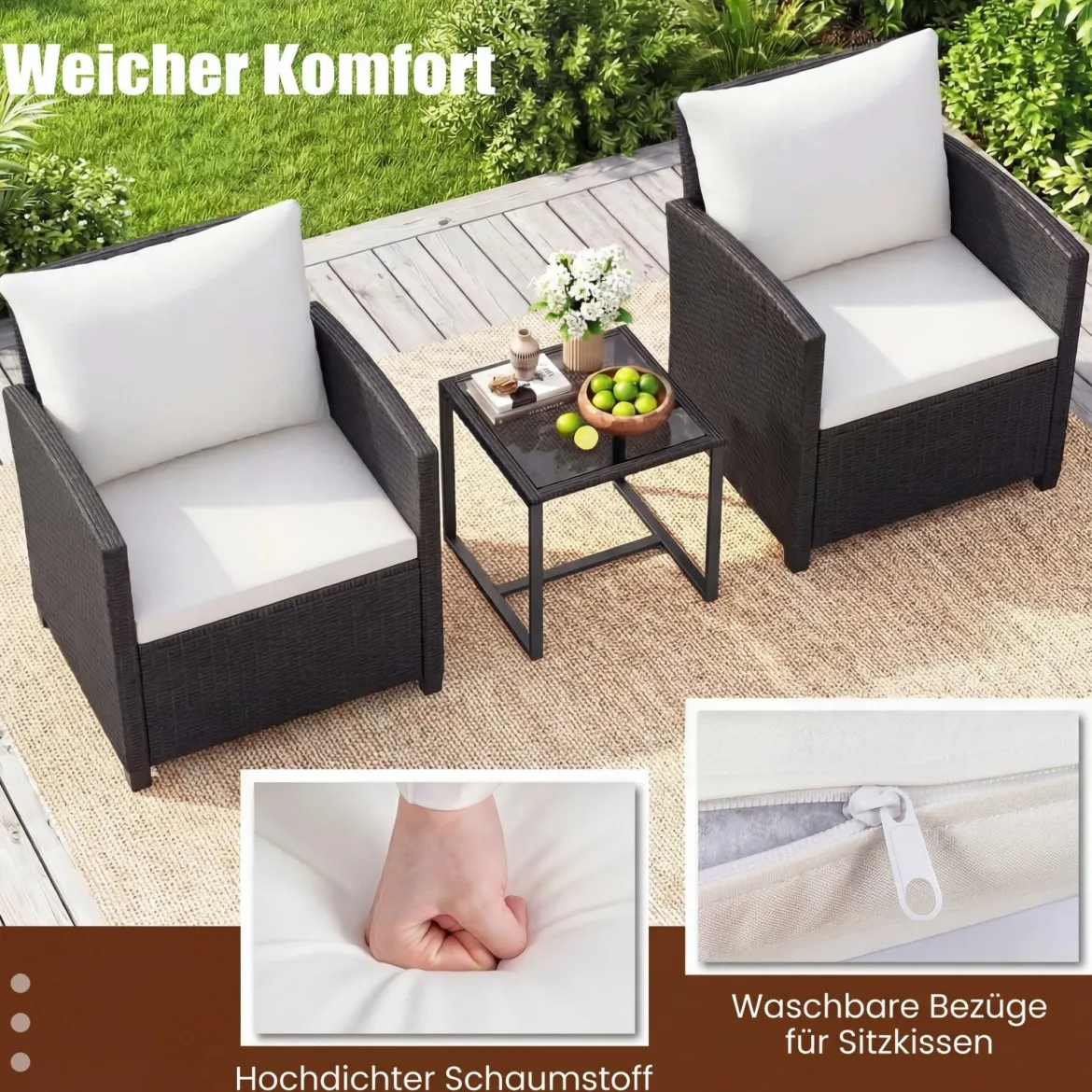Rattan Gartenmöbel Set inkl. 2 Stühle mit Kissen & Tisch aus Glas Outdoor Sitzgruppe Schwarz-Beige