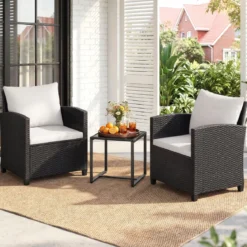 Rattan Gartenmöbel Set inkl. 2 Stühle mit Kissen & Tisch aus Glas Outdoor Sitzgruppe Schwarz-Beige