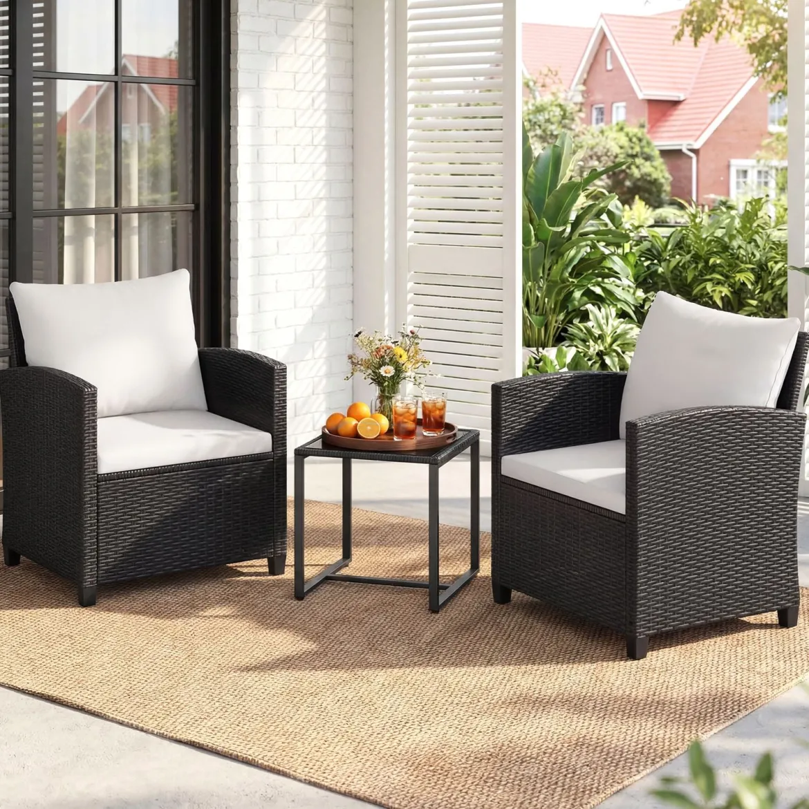 Rattan Gartenmöbel Set inkl. 2 Stühle mit Kissen & Tisch aus Glas Outdoor Sitzgruppe Schwarz-Beige