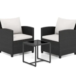 Rattan Gartenmöbel Set inkl. 2 Stühle mit Kissen & Tisch aus Glas Outdoor Sitzgruppe Schwarz-Beige
