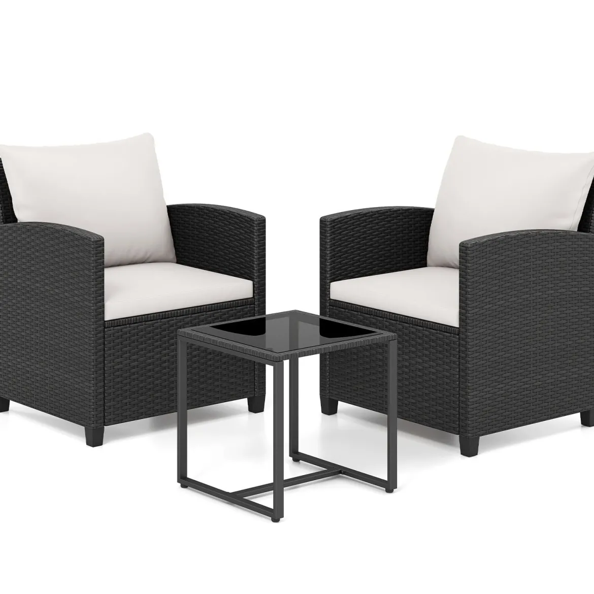 Rattan Gartenmöbel Set inkl. 2 Stühle mit Kissen & Tisch aus Glas Outdoor Sitzgruppe Schwarz-Beige