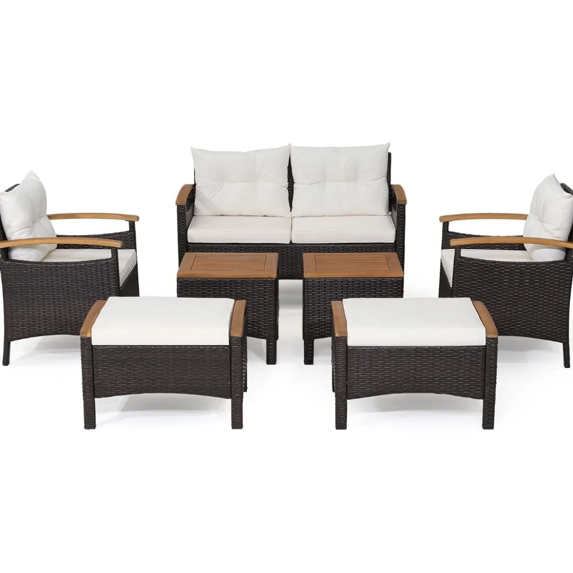 Rattan Gartenmöbel Set inkl. 2 Stühle & 2 Hocker & Bank & Tisch & Kissen Balkonset Gartengarnitur