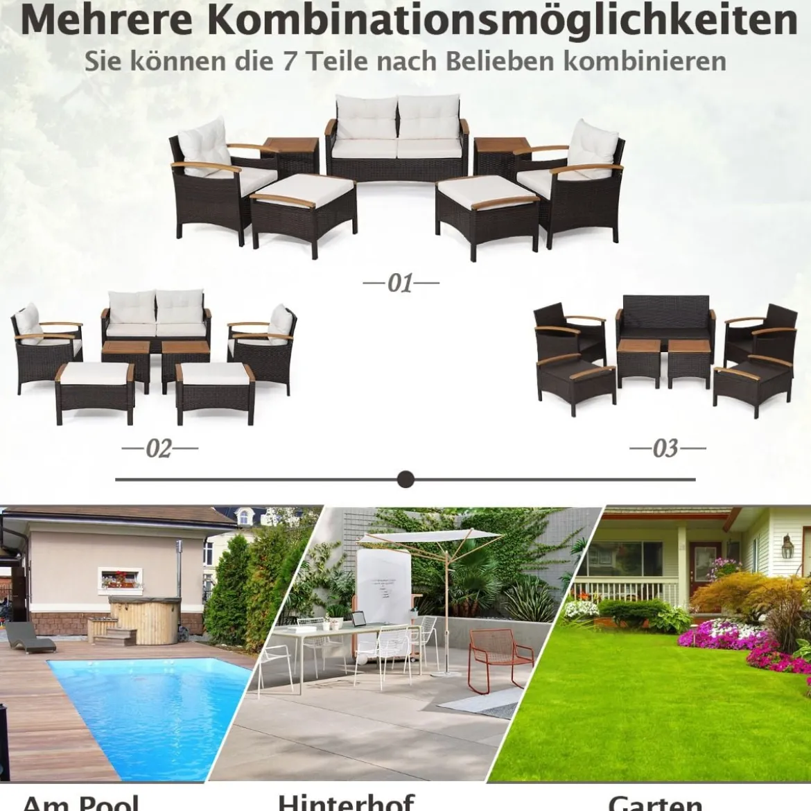 Rattan Gartenmöbel Set inkl. 2 Stühle & 2 Hocker & Bank & Tisch & Kissen Balkonset Gartengarnitur