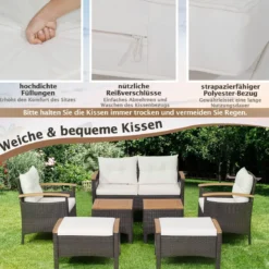 Rattan Gartenmöbel Set inkl. 2 Stühle & 2 Hocker & Bank & Tisch & Kissen Balkonset Gartengarnitur