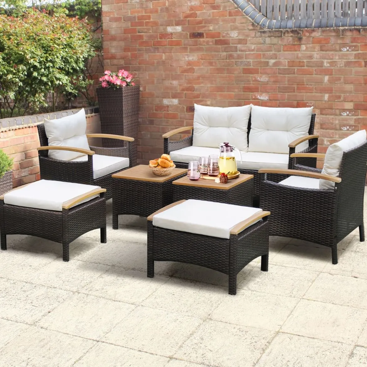 Rattan Gartenmöbel Set inkl. 2 Stühle & 2 Hocker & Bank & Tisch & Kissen Balkonset Gartengarnitur