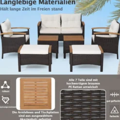 Rattan Gartenmöbel Set inkl. 2 Stühle & 2 Hocker & Bank & Tisch & Kissen Balkonset Gartengarnitur