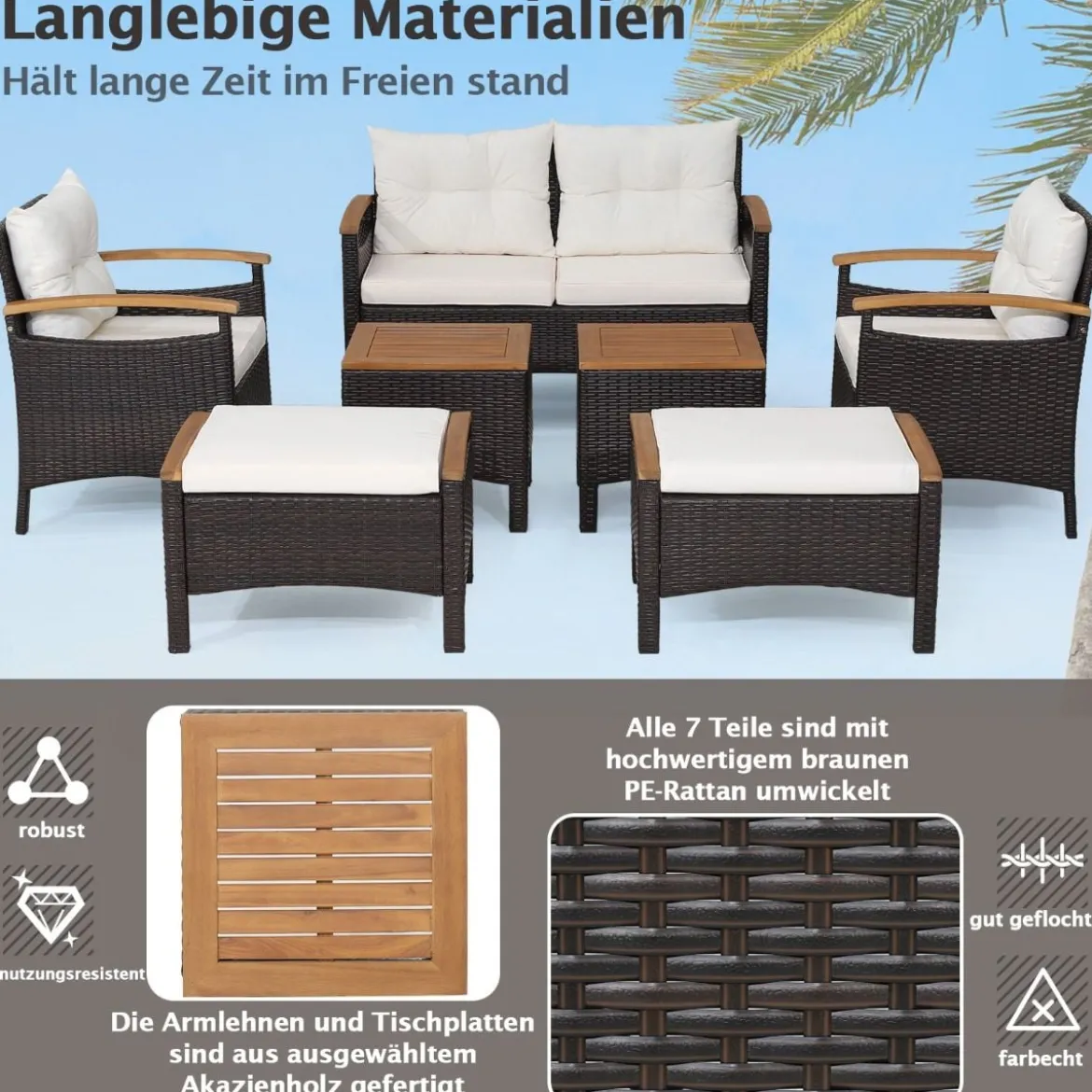 Rattan Gartenmöbel Set inkl. 2 Stühle & 2 Hocker & Bank & Tisch & Kissen Balkonset Gartengarnitur