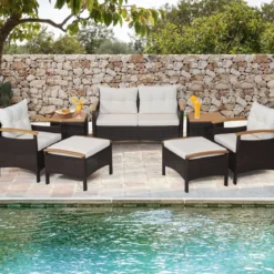 Rattan Gartenmöbel Set inkl. 2 Stühle & 2 Hocker & Bank & Tisch & Kissen Balkonset Gartengarnitur
