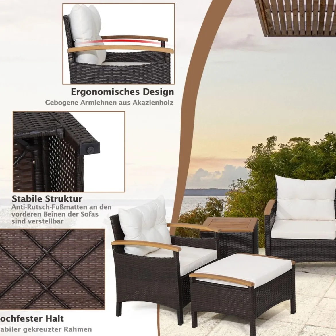 Rattan Gartenmöbel Set inkl. 2 Stühle & 2 Hocker & Bank & Tisch & Kissen Balkonset Gartengarnitur