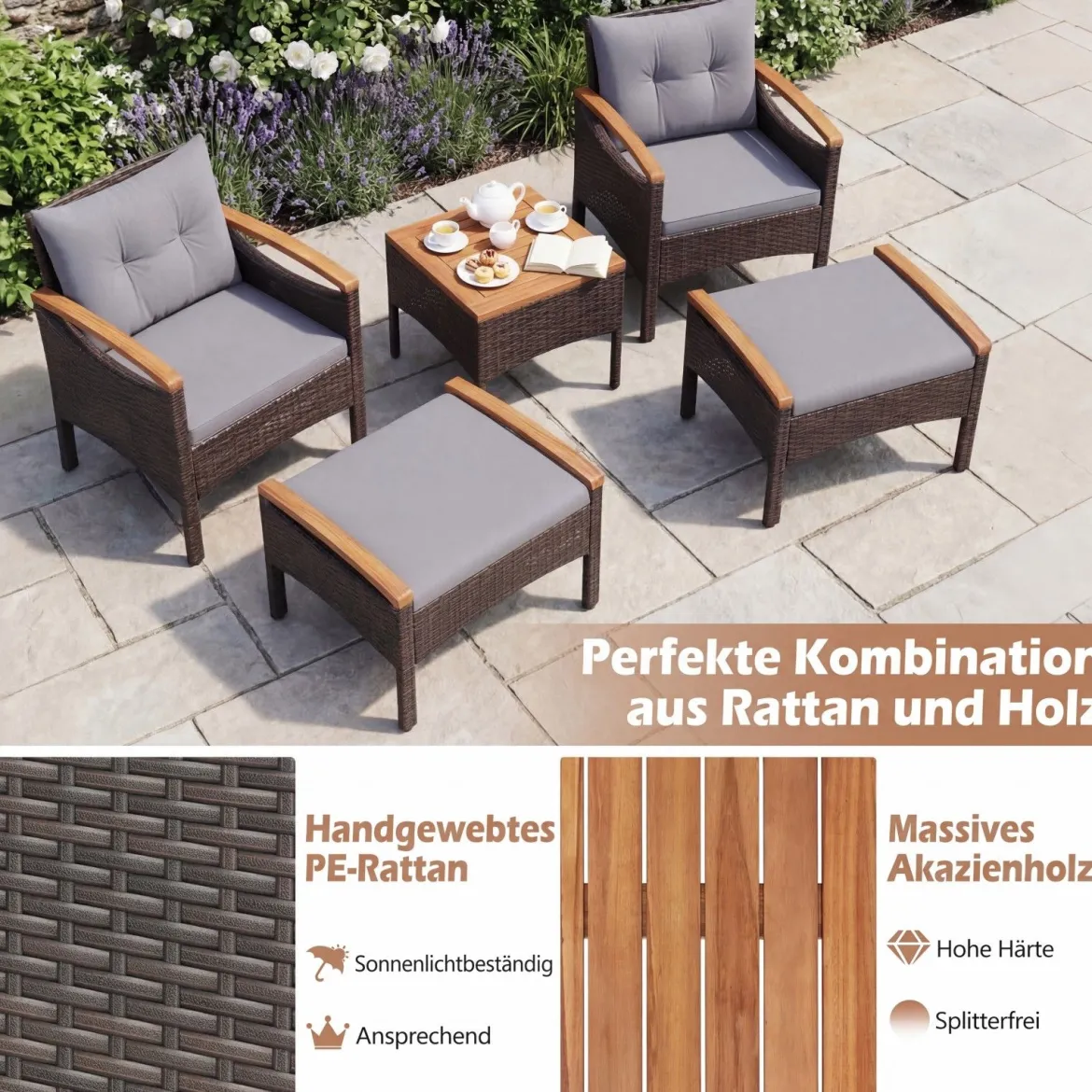 Rattan Gartenmöbel Set inkl. 2 Stühle mit Hocker & Tisch & Kissen Akazienholz Balkonset Grau
